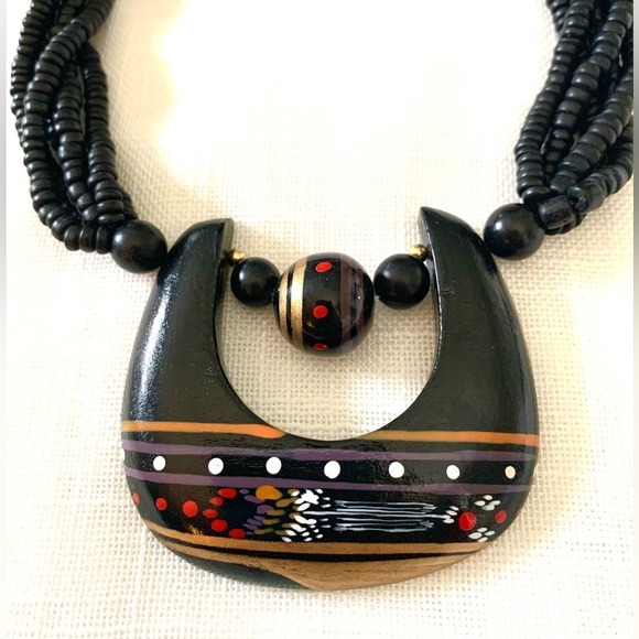 Vintage Art Necklace Multi Strand Beaded Large painted pendant Black Red Gold - Picture 2 of 12